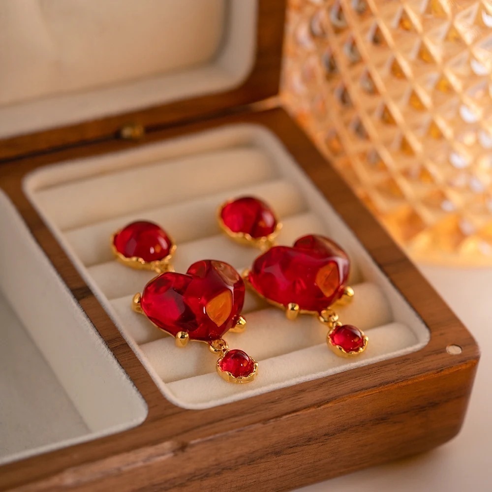 18k Gold Plated Red Heart Drop Earrings